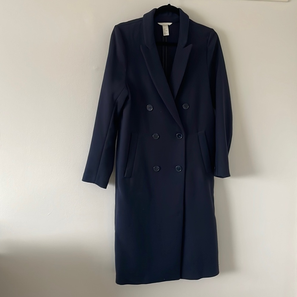 H&M Double-breasted Coat, Navy Blue, Size 2